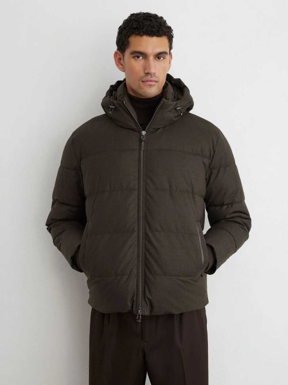 Reiss Taupe Brown Wool Flannel Hooded Puffer Jacket
