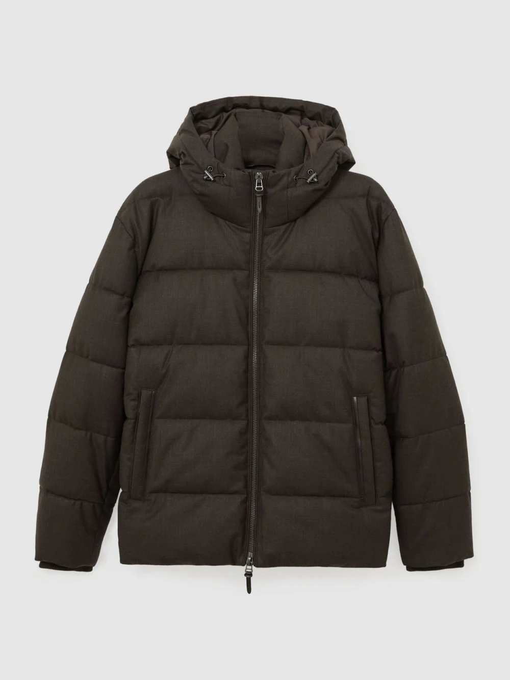 Reiss Taupe Brown Wool Flannel Hooded Puffer Jacket, view 2