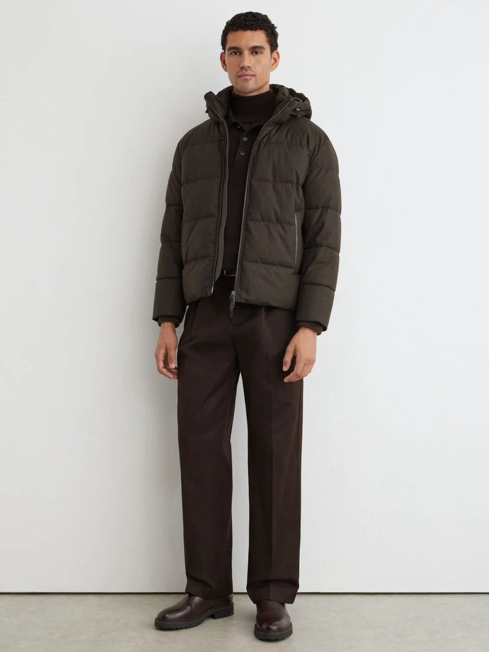 Reiss Taupe Brown Wool Flannel Hooded Puffer Jacket, view 3