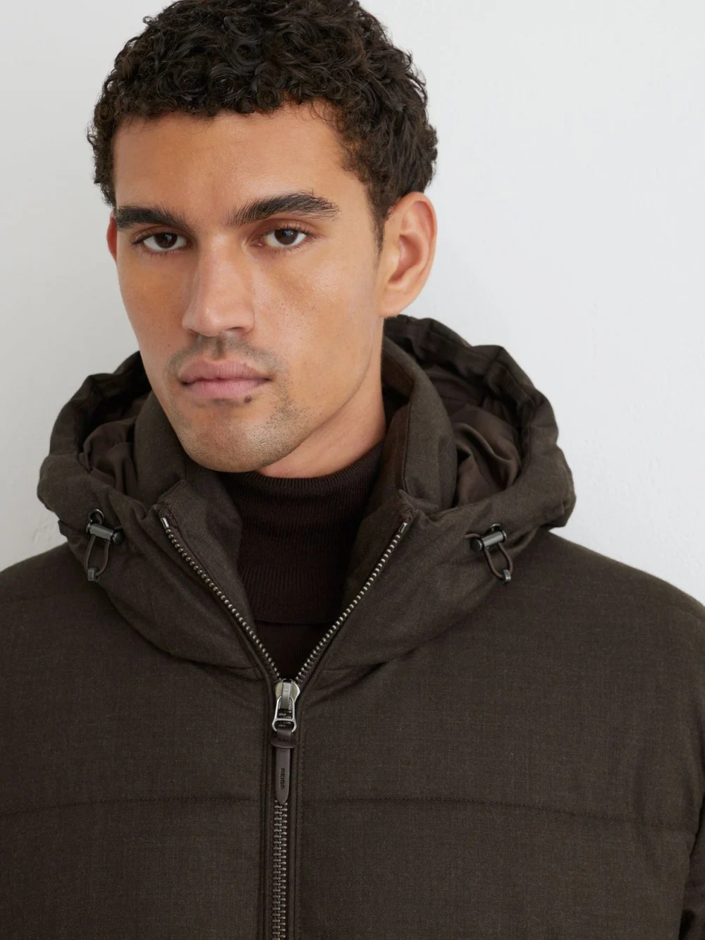 Reiss Taupe Brown Wool Flannel Hooded Puffer Jacket, view 4