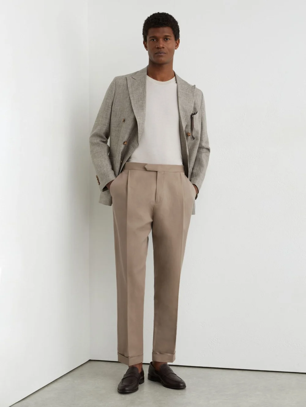 Reiss Taupe Grey Linen-blend Side-adjuster Tapered Trousers