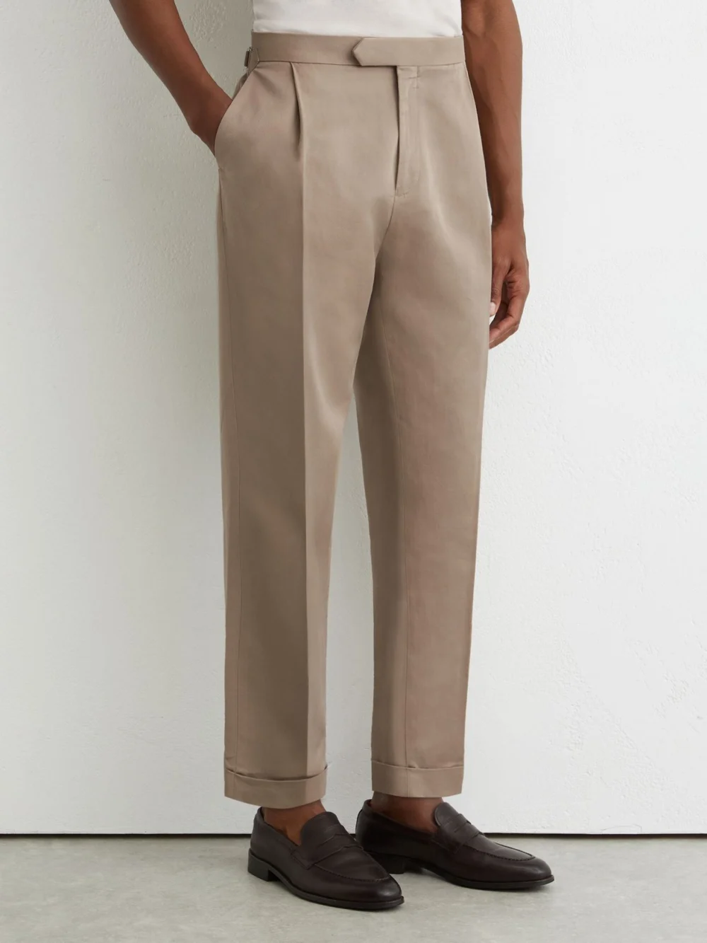 Reiss Taupe Grey Linen-blend Side-adjuster Tapered Trousers, view 3