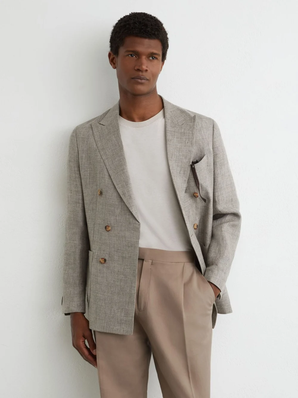 Reiss Taupe Grey Linen-blend Side-adjuster Tapered Trousers, view 4
