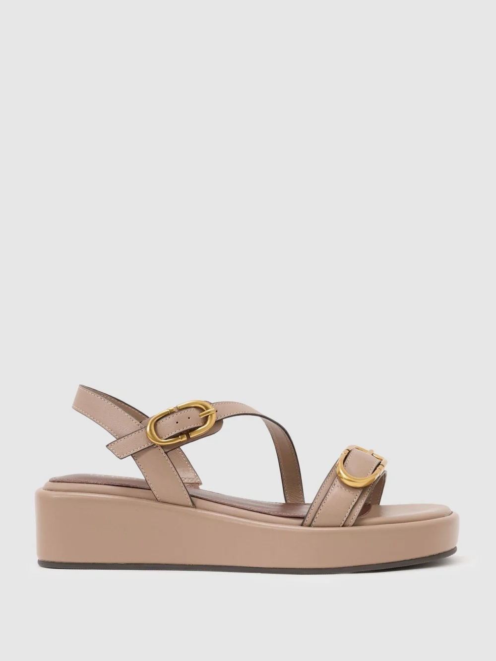 Reiss Taupe Leather Double Buckle Flatform Sandals, view 2