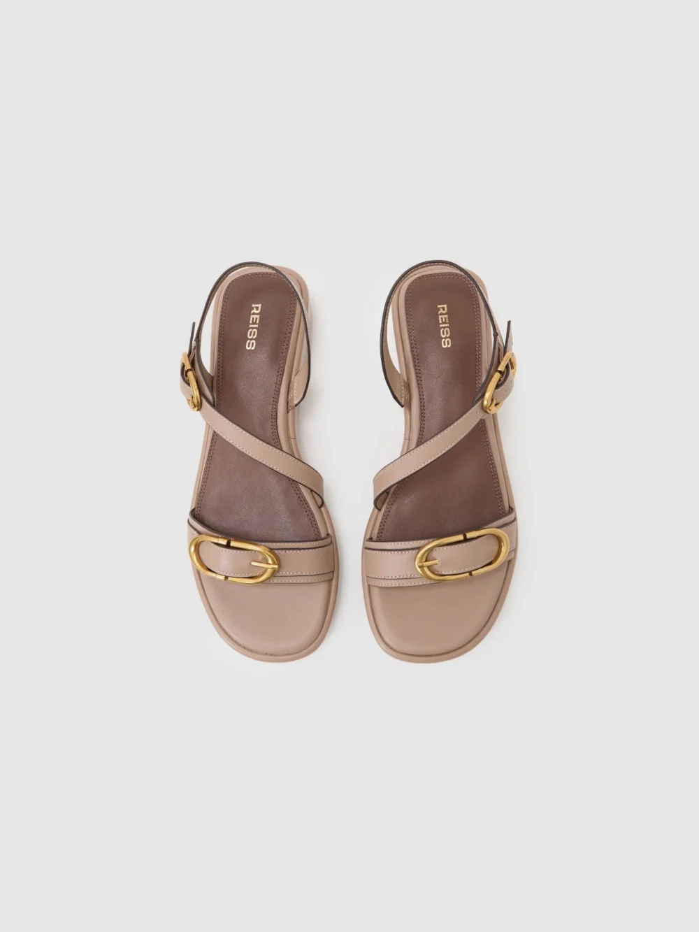 Reiss Taupe Leather Double Buckle Flatform Sandals, view 3