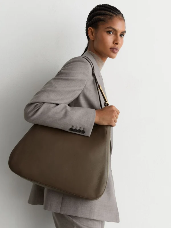 Reiss Taupe Leather Hardware-detail Tote Bag,