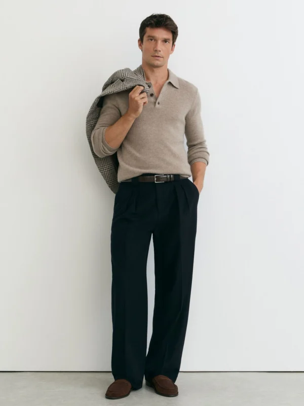 Reiss Taupe Melange Cashmere Half-button Polo Shirt