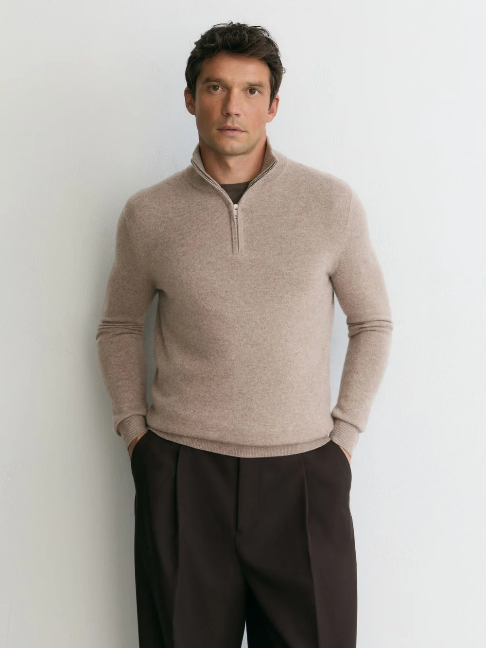 Reiss Taupe Melange Cashmere Half-zip Jumper