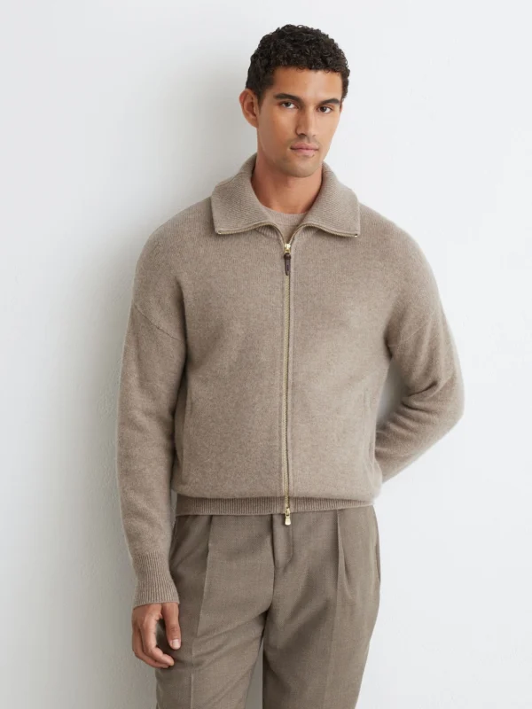 Reiss Taupe Melange Cashmere Zip-through Cardigan