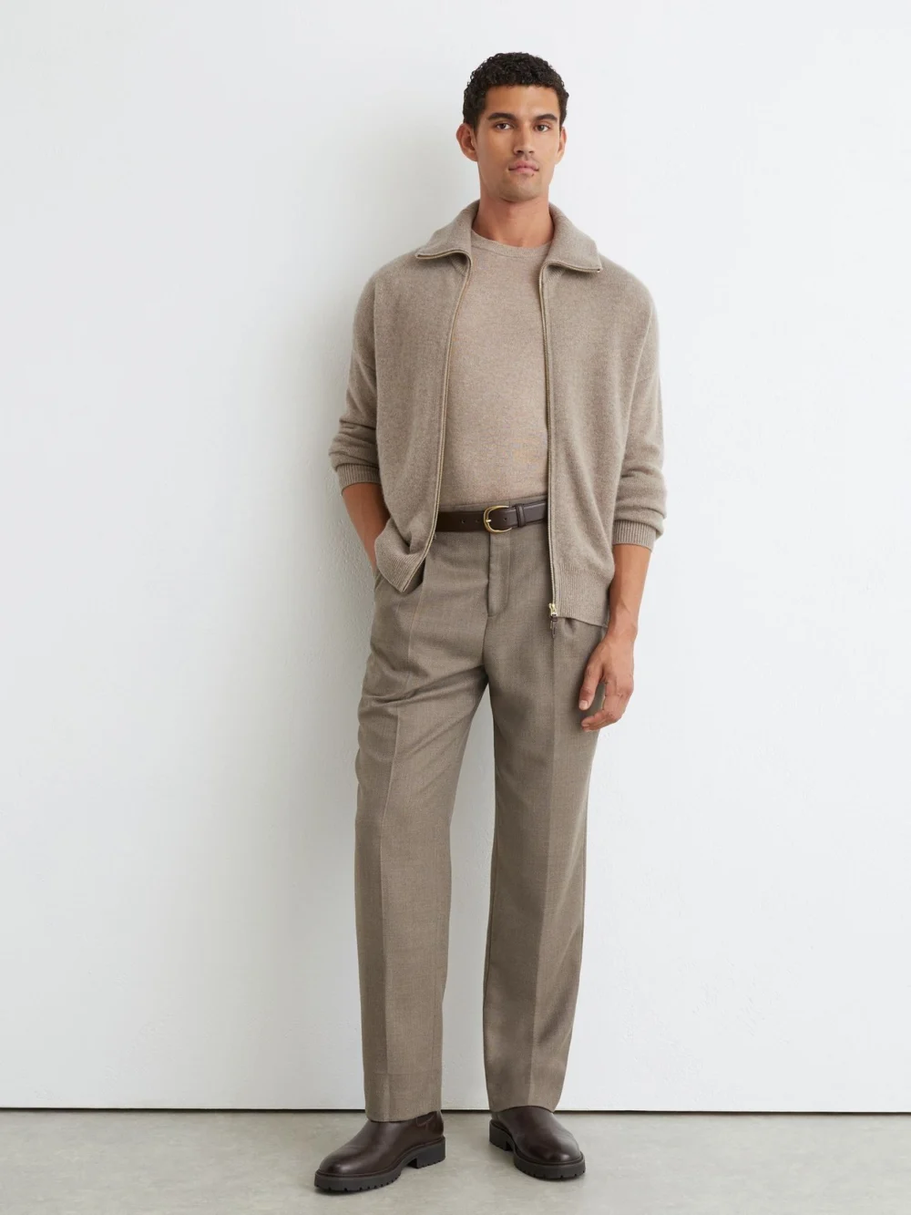 Reiss Taupe Melange Cashmere Zip-through Cardigan, view 3