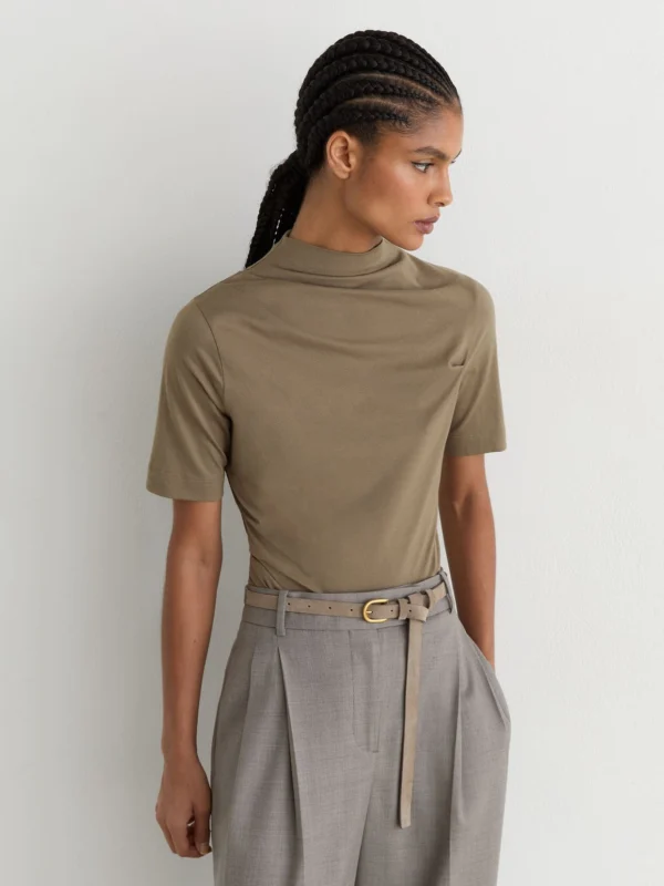 Reiss Taupe Neutral Cotton-blend High-neck Draped Top