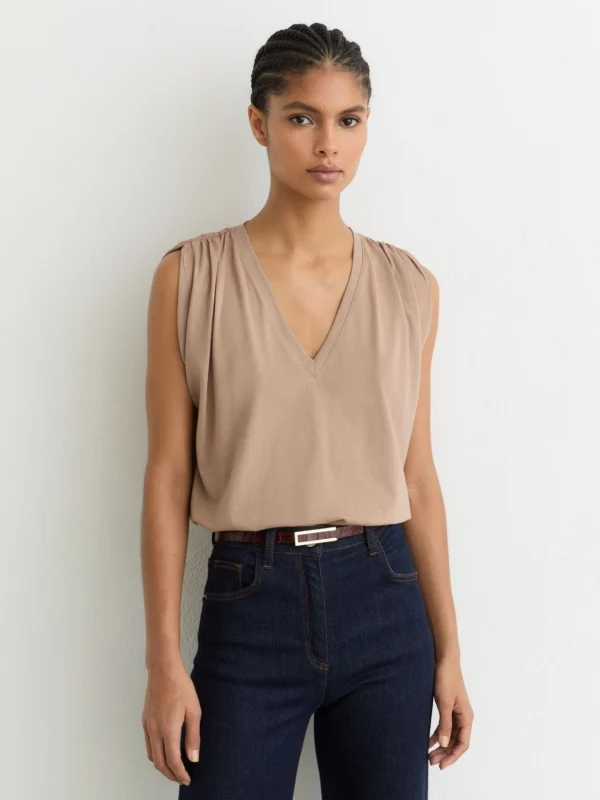 Reiss Taupe Neutral Cotton Gathered-detail V-neck Vest