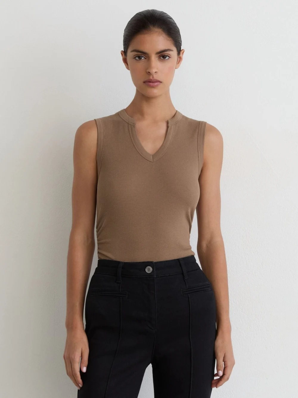 Reiss Taupe Neutral Cotton-stretch Notch-detail Vest, view 3