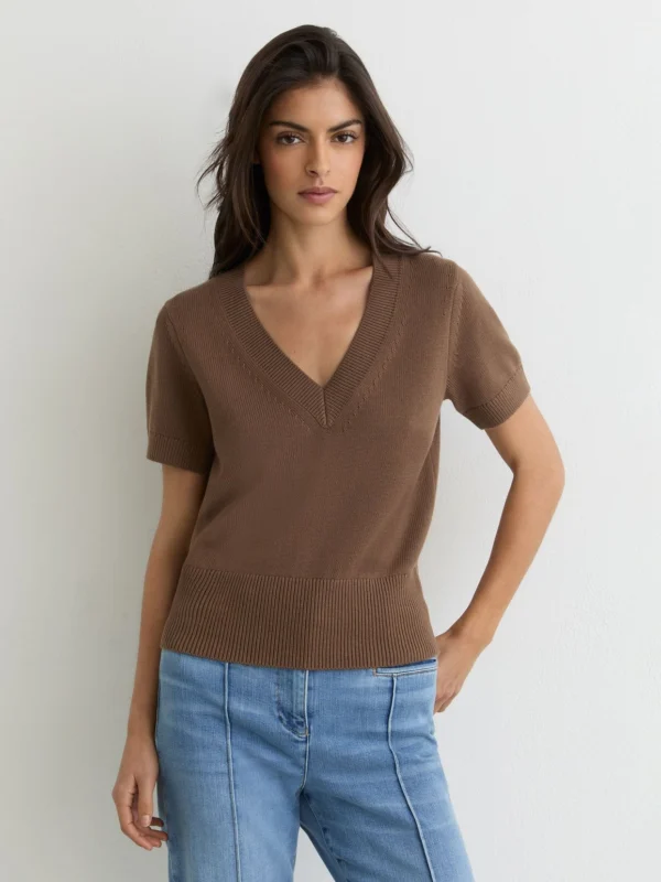 Reiss Taupe Neutral Cotton-wool Knit V-neck Top
