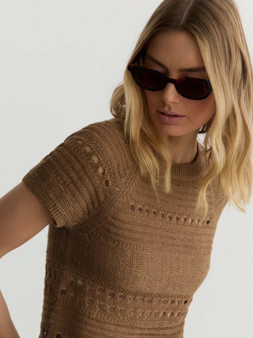 Reiss Taupe Neutral Linen Textured-knit Top, view 4