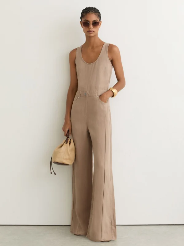 Reiss Taupe Neutral Lyocell-linen Wide-leg Jumpsuit