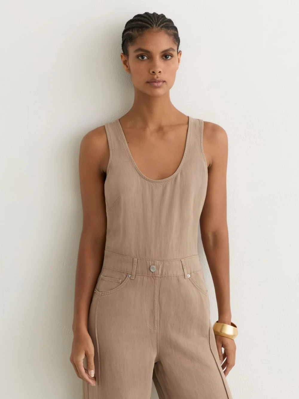 Reiss Taupe Neutral Lyocell-linen Wide-leg Jumpsuit, view 3