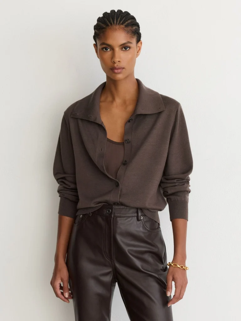 Reiss Taupe Neutral Merino Wool Collared Cardigan