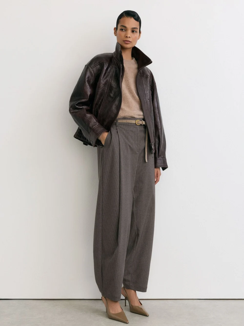 Reiss Taupe Neutral Petite Pinstripe Pleated Barrel-leg Trousers