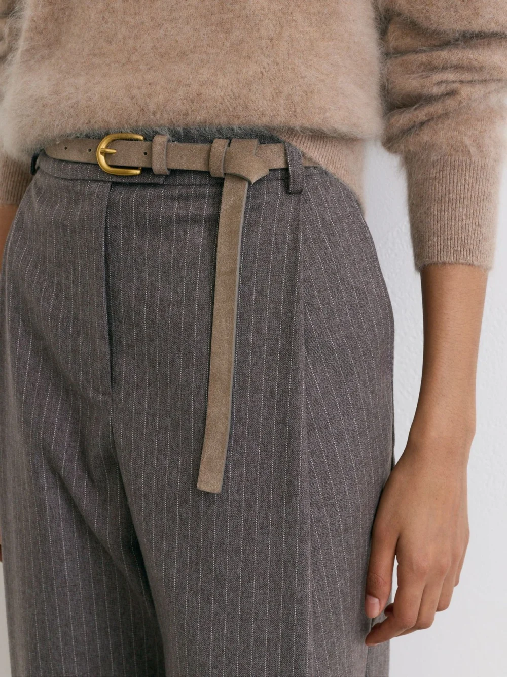 Reiss Taupe Neutral Petite Pinstripe Pleated Barrel-leg Trousers, view 4