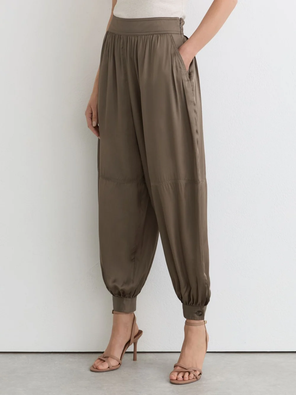 Reiss Taupe Neutral Satin Balloon-leg Trousers, view 3