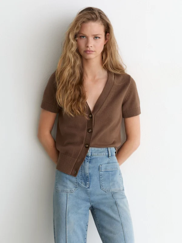 Reiss Taupe Neutral V-neck Short-sleeve Cardigan Cotton-wool