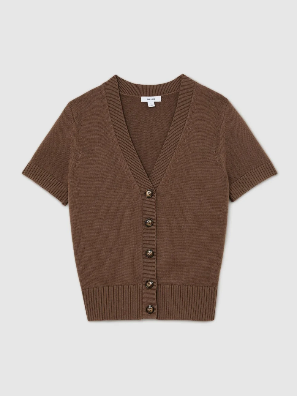 Reiss Taupe Neutral V-neck Short-sleeve Cardigan Cotton-wool, view 2