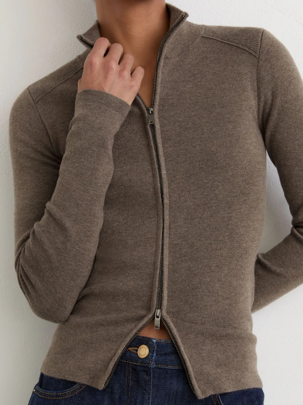 Reiss Taupe Neutral Wool-blend Knit Zip-through Top