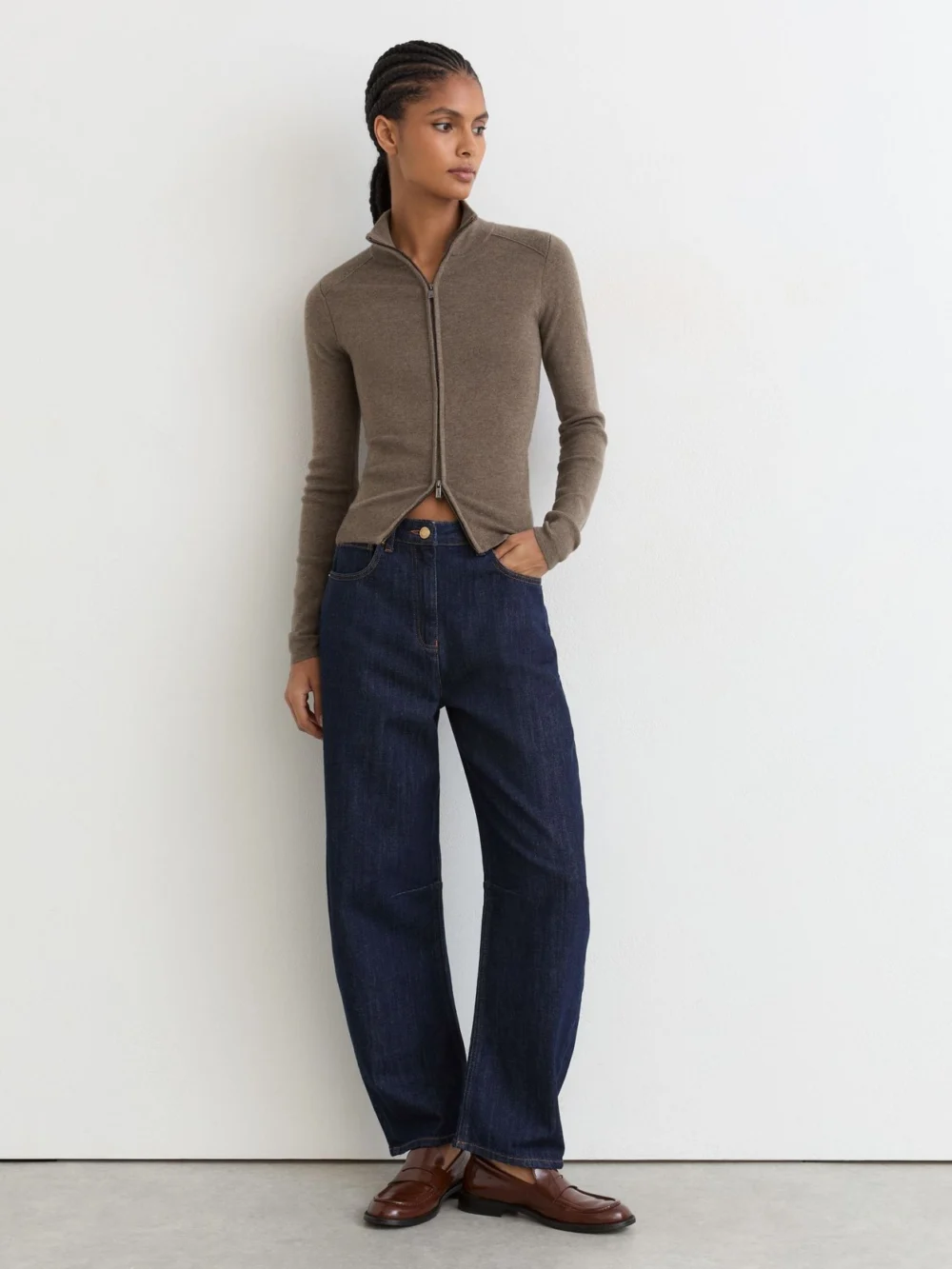 Reiss Taupe Neutral Wool-blend Knit Zip-through Top, view 3