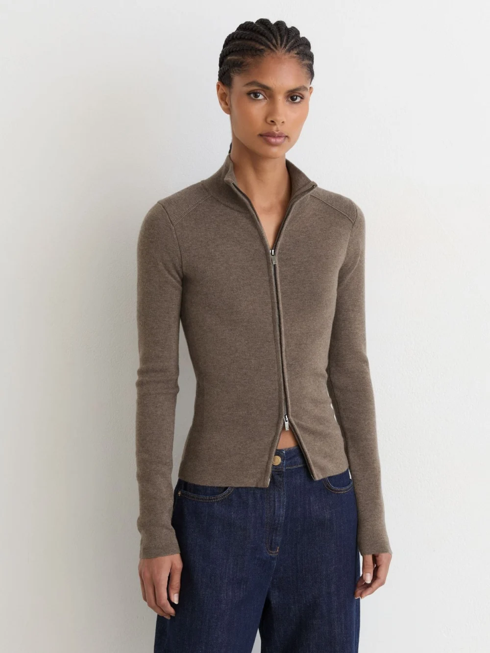 Reiss Taupe Neutral Wool-blend Knit Zip-through Top, view 4