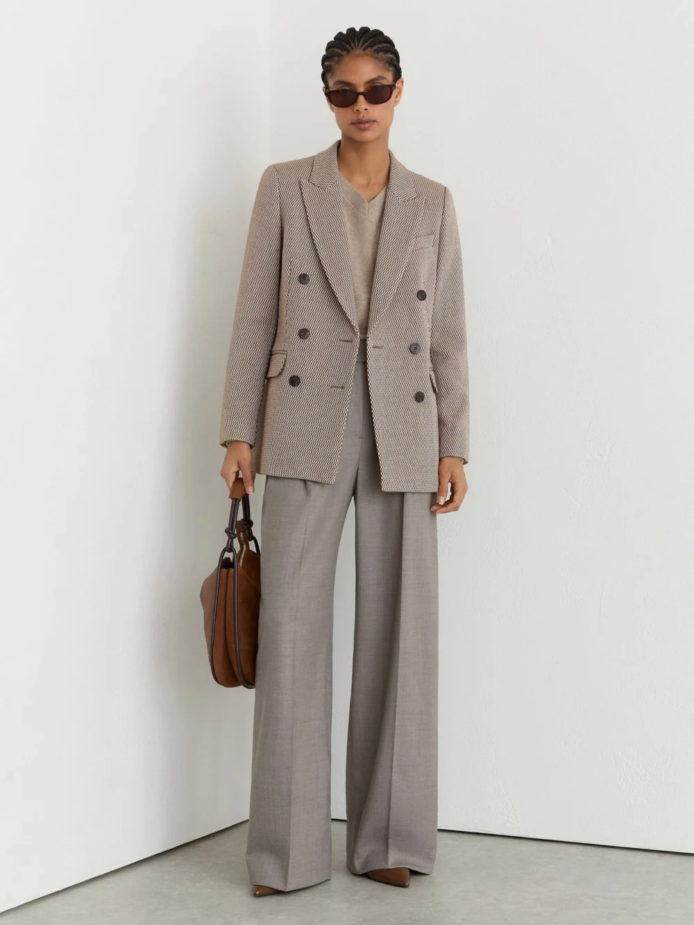 Reiss Taupe Neutral Wool-blend Textured Double-breasted Blazer, view 3
