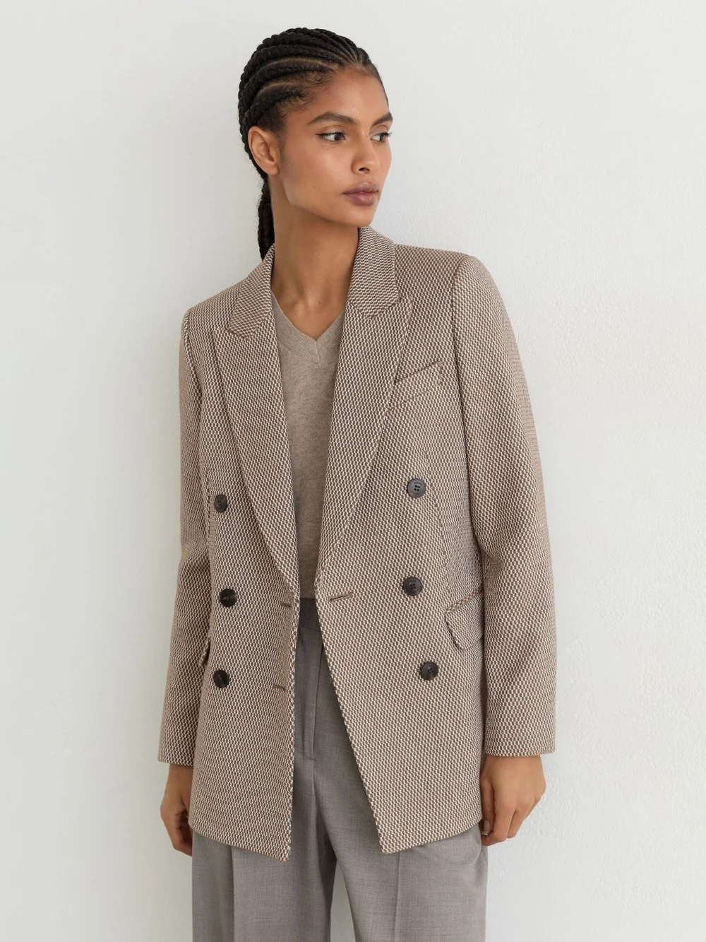 Reiss Taupe Neutral Wool-blend Textured Double-breasted Blazer, view 4
