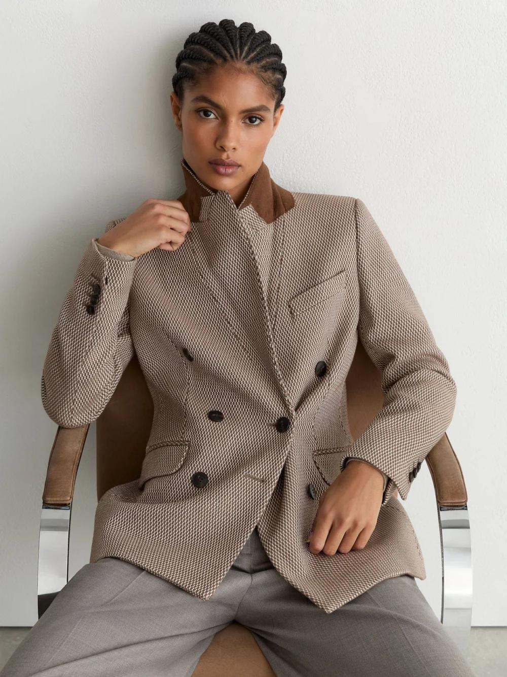 Reiss Taupe Neutral Wool-blend Textured Double-breasted Blazer, view 5