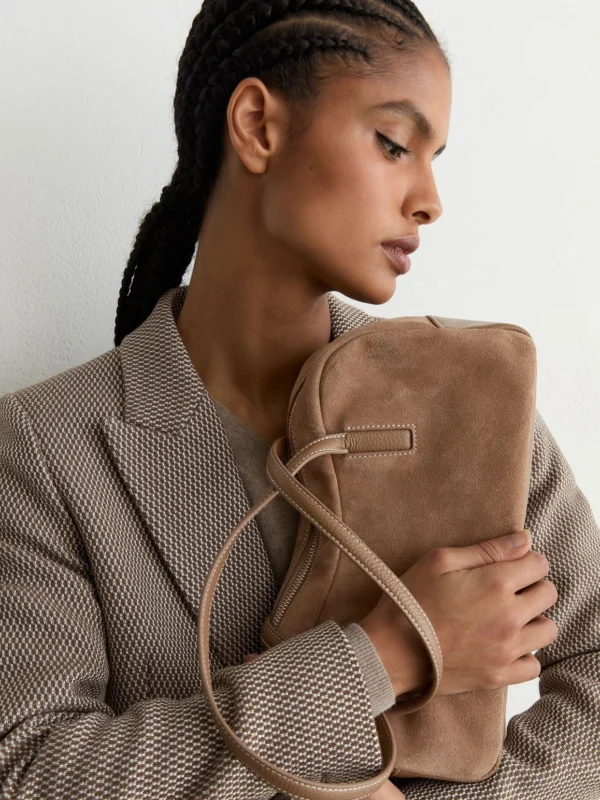 Reiss Taupe Suede and Leather Bowling Bag,
