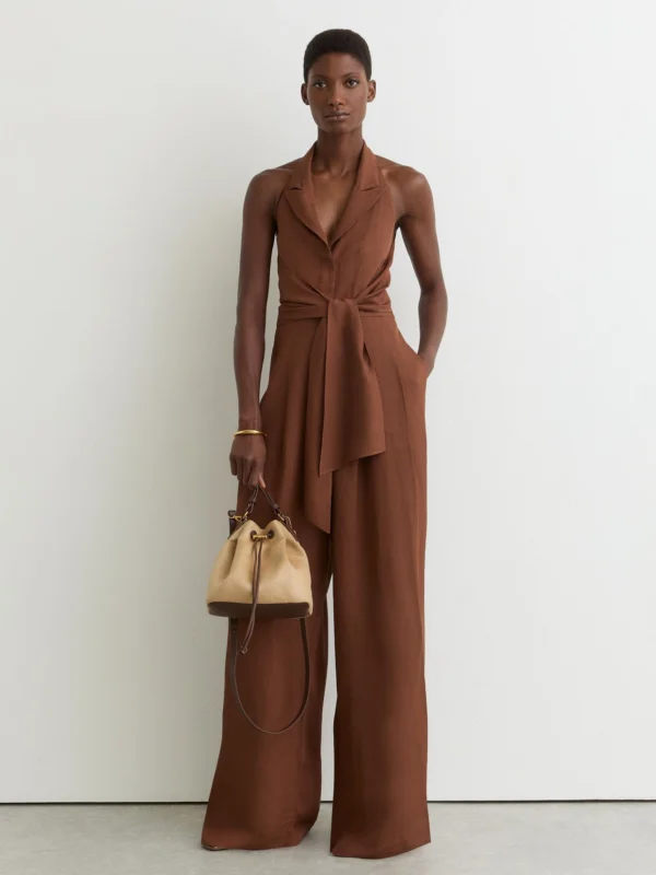 Reiss Taya Rust Orange Tie-front Wide-leg Jumpsuit with Linen, 8