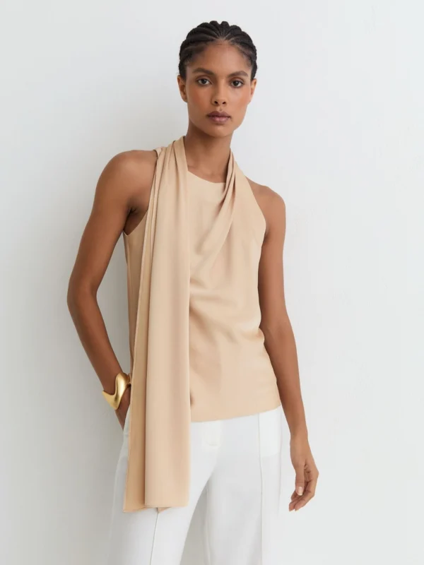 Reiss Taylor Neutral Draped Scarf-detail Sleeveless Top, 18