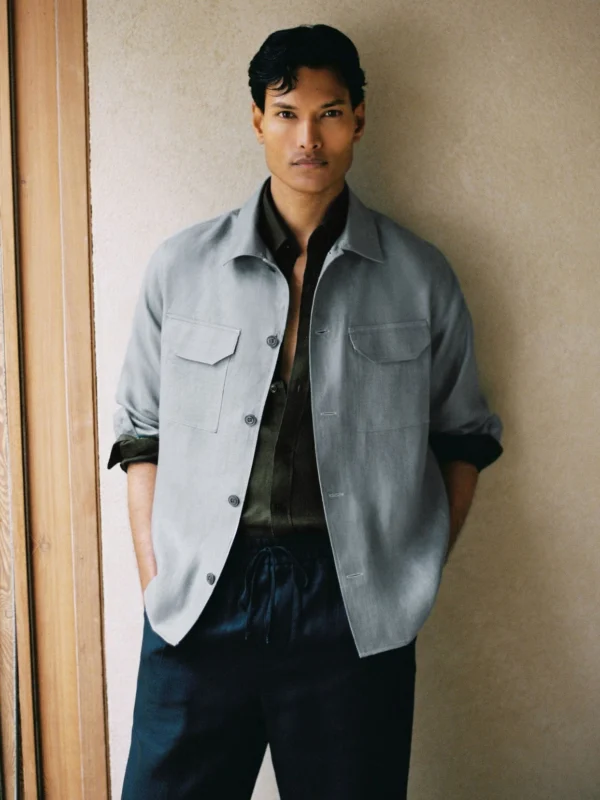 Reiss Teal Blue Linen Herringbone-stripe Regular-fit Shirt