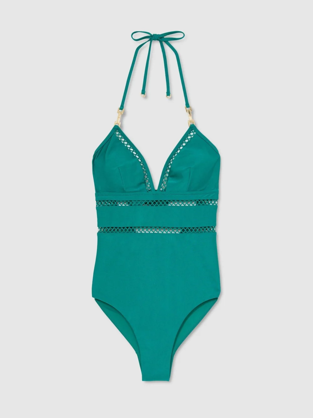 Reiss Teal Blue Shimmer Lattice-trim Swimsuit, view 2