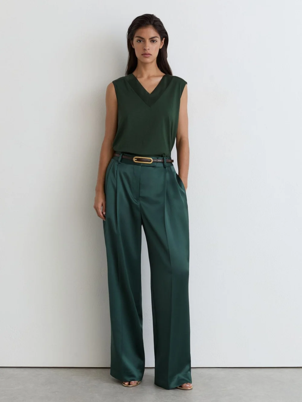 Reiss Teal Green Cotton- Silk-trim Sleeveless Top
