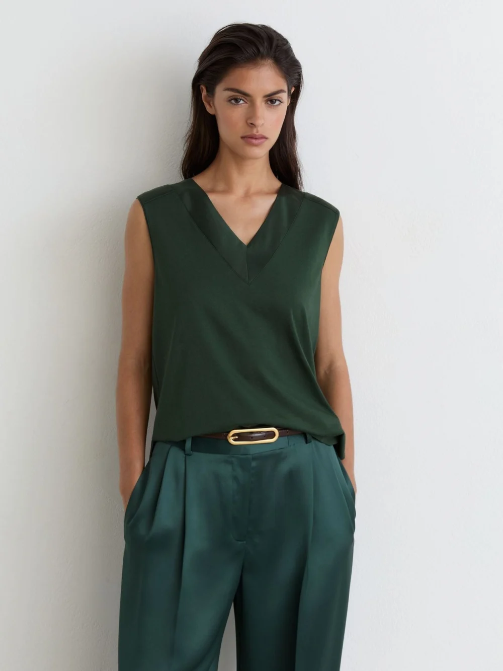 Reiss Teal Green Cotton- Silk-trim Sleeveless Top, view 3
