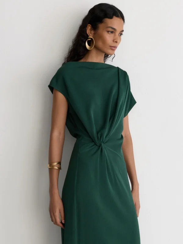 Reiss Teal Green Off-shoulder Tuck-detail Midi Dress