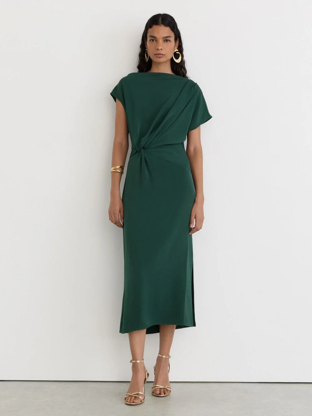 Reiss Teal Green Off-shoulder Tuck-detail Midi Dress, view 3