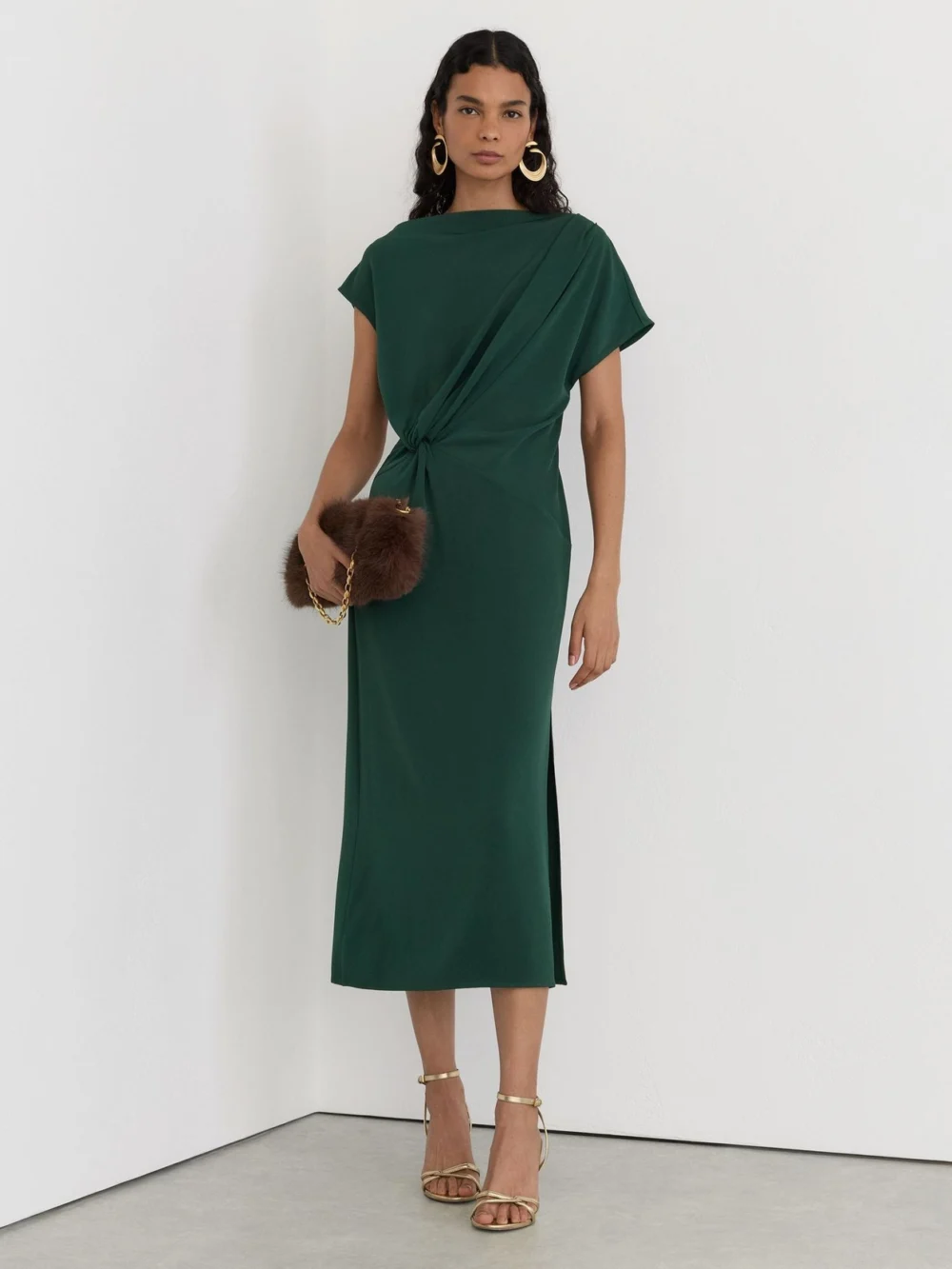 Reiss Teal Green Off-shoulder Tuck-detail Midi Dress, view 5