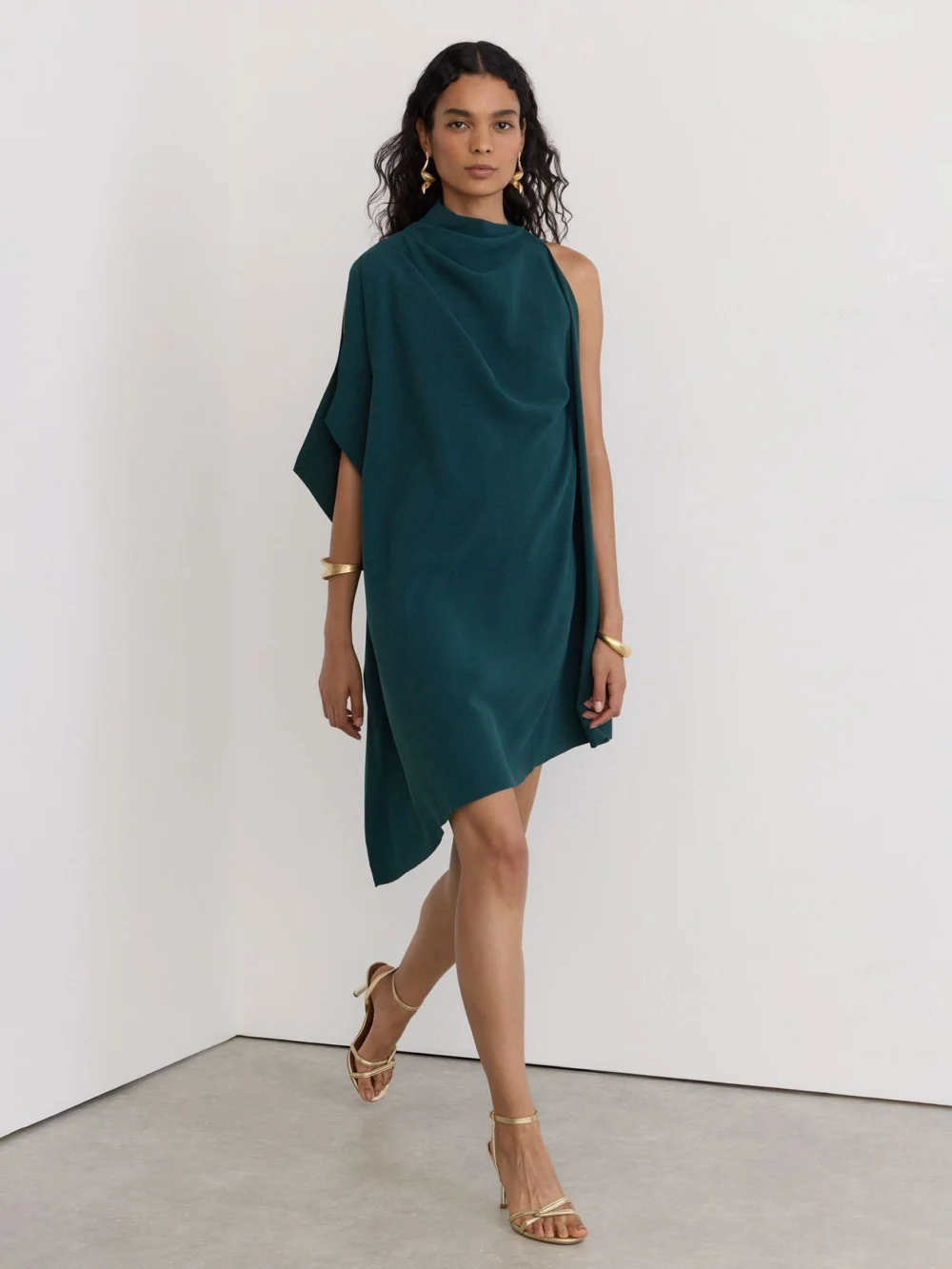 Reiss Teal Green One-shoulder Draped Mini Dress, view 3