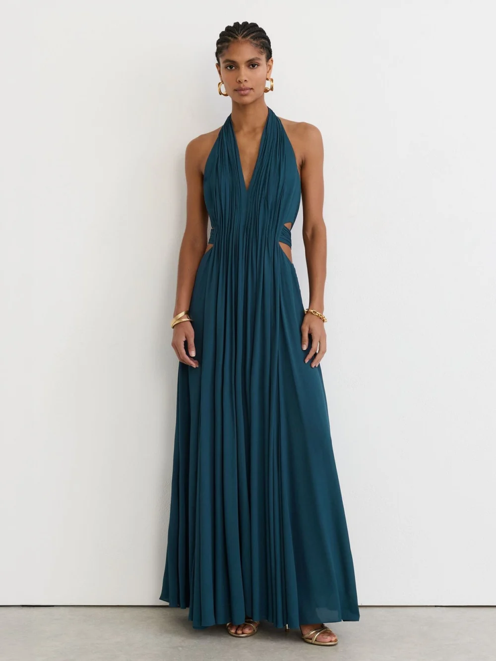Reiss Teal Green Petite Halterneck Pleated Maxi Dress