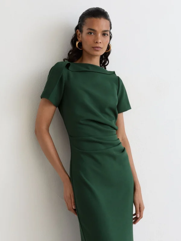 Reiss Teal Green Petite Ruched-detail Boat-neck Midi Dress