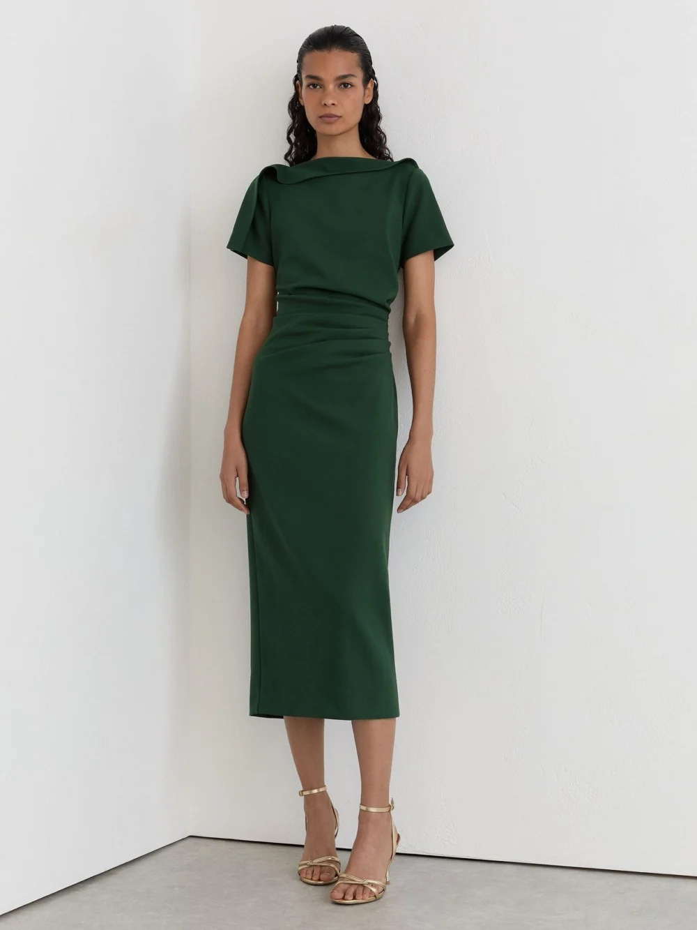 Reiss Teal Green Petite Ruched-detail Boat-neck Midi Dress, view 4