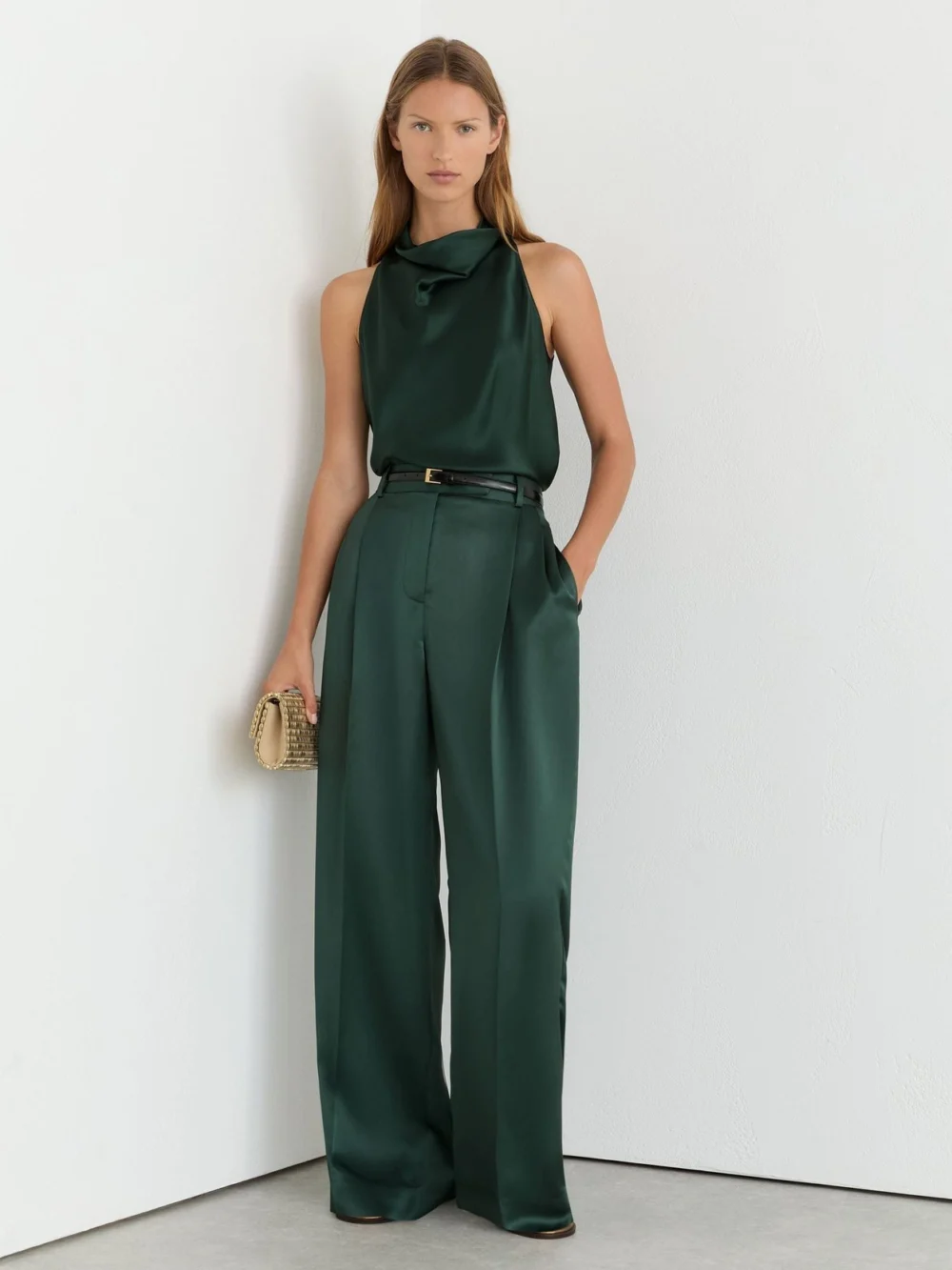 Reiss Teal Green Petite Satin Wide-leg Pleated Trousers