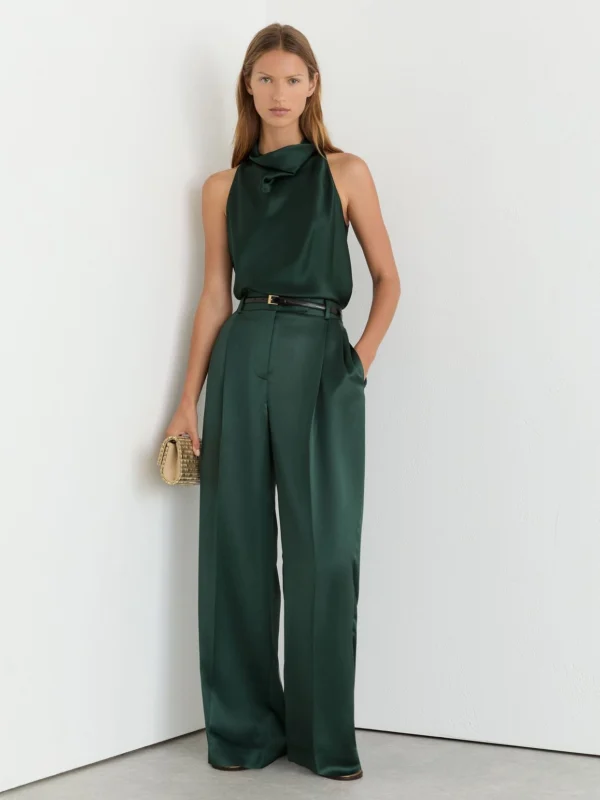 Reiss Teal Green Petite Satin Wide-leg Pleated Trousers