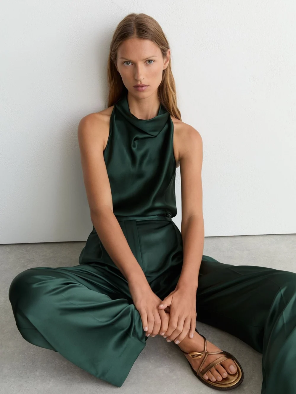 Reiss Teal Green Petite Satin Wide-leg Pleated Trousers, view 4